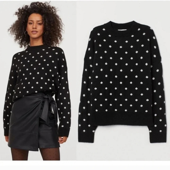 H&m Knit Mock Neck Polka Dot Boxy Sweater Black Size XSmall - Picture 1 of 12